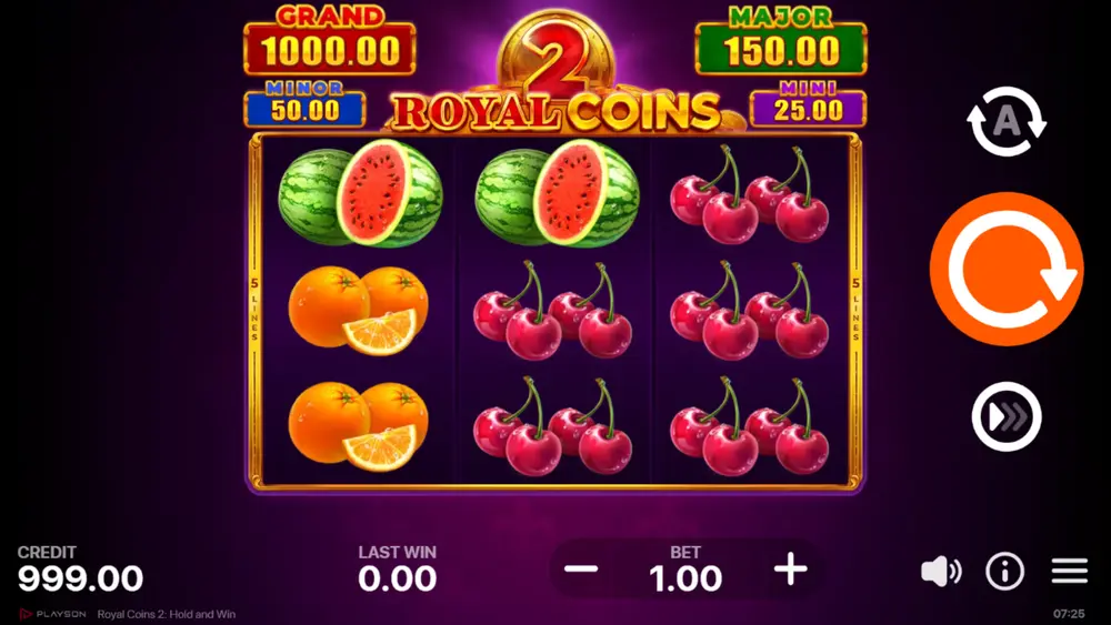 Royal Coins 2 base game showing all 5 reels with classic symbols and a Bonus coin visible