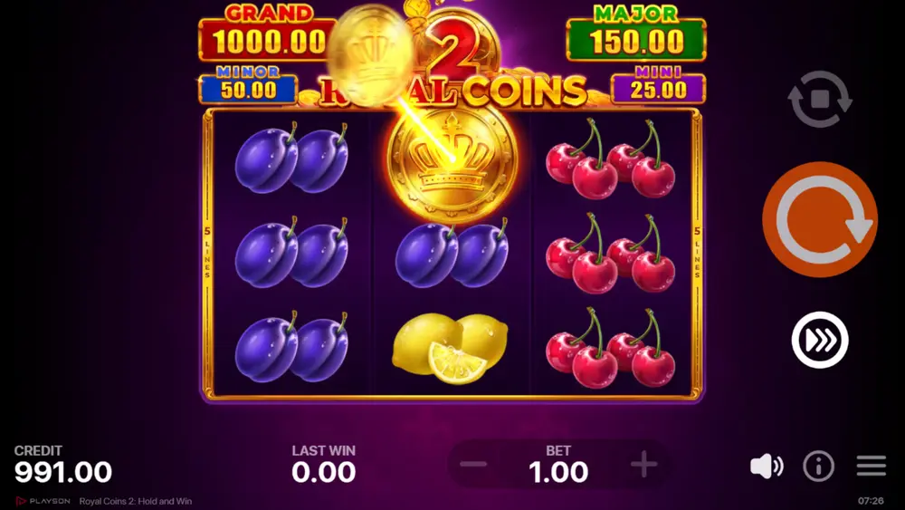 Royal Bonus gold coin on reel 2 sweeping values from visible Bonus coins on the grid